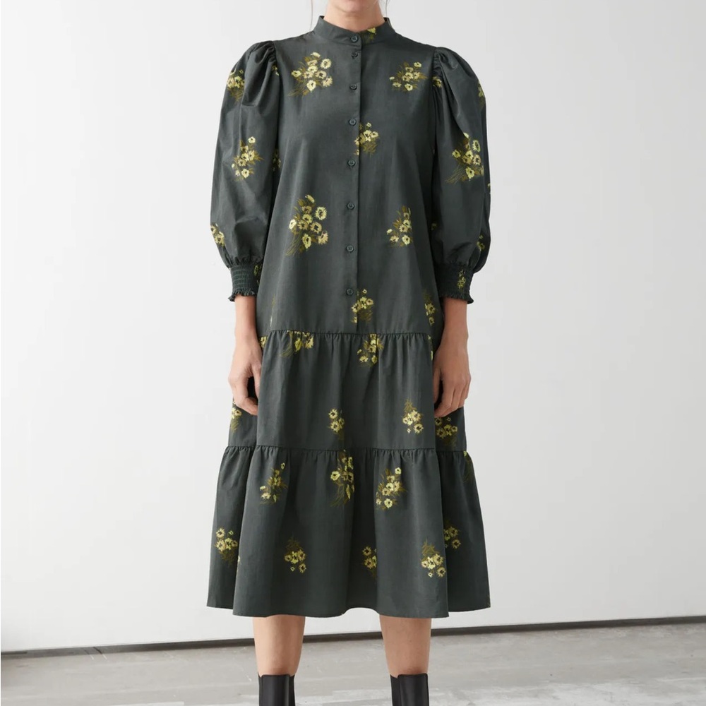 And & Other Stories Stockholm Atelier midi dress grey w yellow floral print.